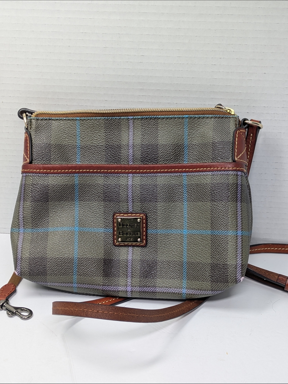 Vintage Dooney & Bourke Olive Plaid Crossbody with Brown Trim and Blue Accents